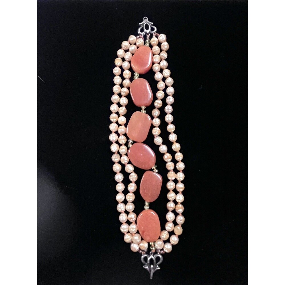 Vintage Victorian Revival Coral Agate Beaded Bracelet Chunky - Picture 2 of 12